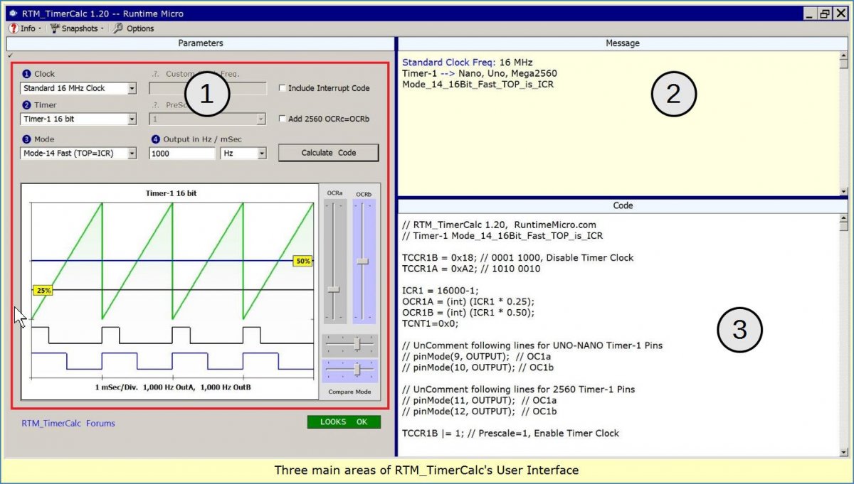 Image shows the three main areas of the RTM_TimerCalc interface.