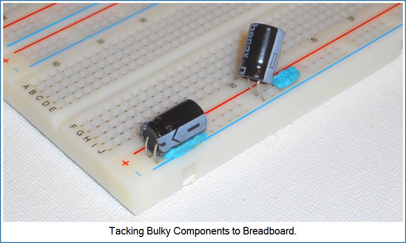 Image shows how to attach bulky component to Breadboard...