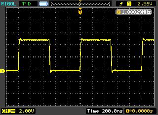Oscilloscope display of waveform and frequency. Oscilloscope display of waveform and frequency.